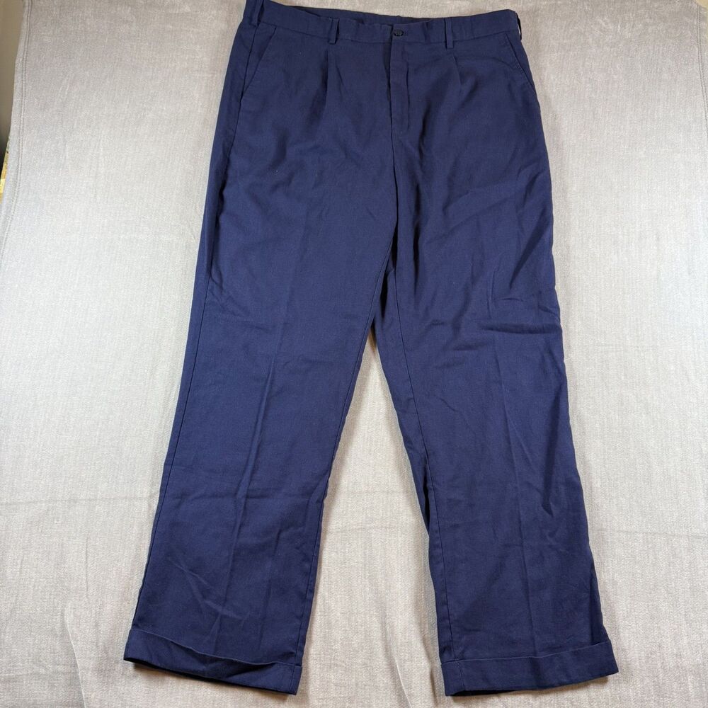 Trust Mens Blue Linen Blend Pleated Cuffed Trousers Pants 40x32 Preppy Classic
